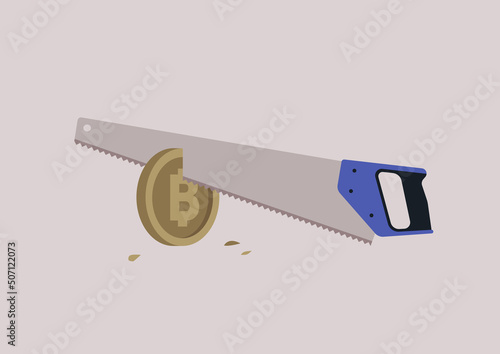 A hand saw halving a golden bitcoin, crypto currency market