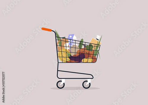 A supermarket cart filled with groceries, a farmers market eco concept
