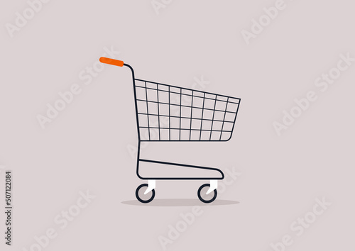 An empty supermarket cart in a side view