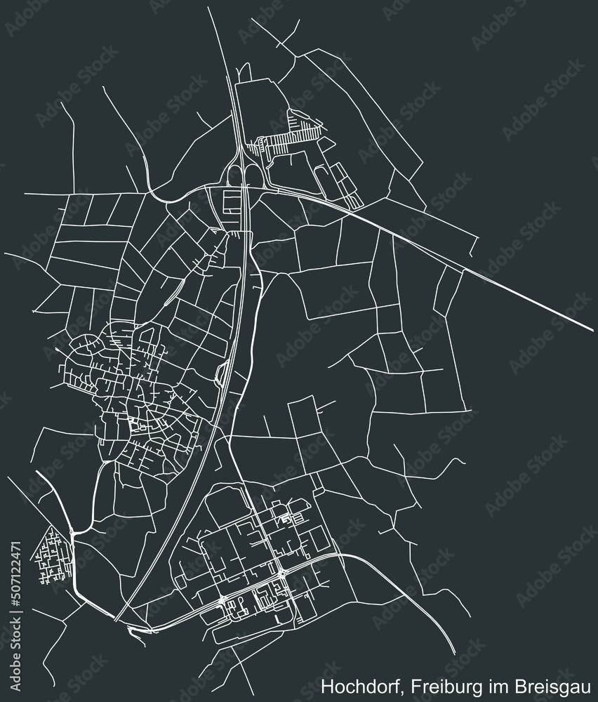 Detailed negative navigation white lines urban street roads map of the HOCHDORF DISTRICT of the German regional capital city of Freiburg im Breisgau, Germany on dark gray background
