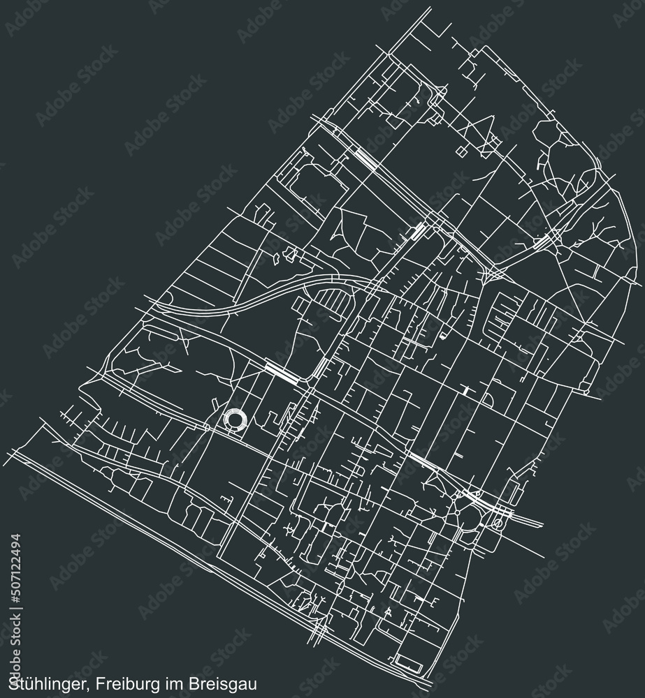 Obraz premium Detailed negative navigation white lines urban street roads map of the STÜHLINGER DISTRICT of the German regional capital city of Freiburg im Breisgau, Germany on dark gray background