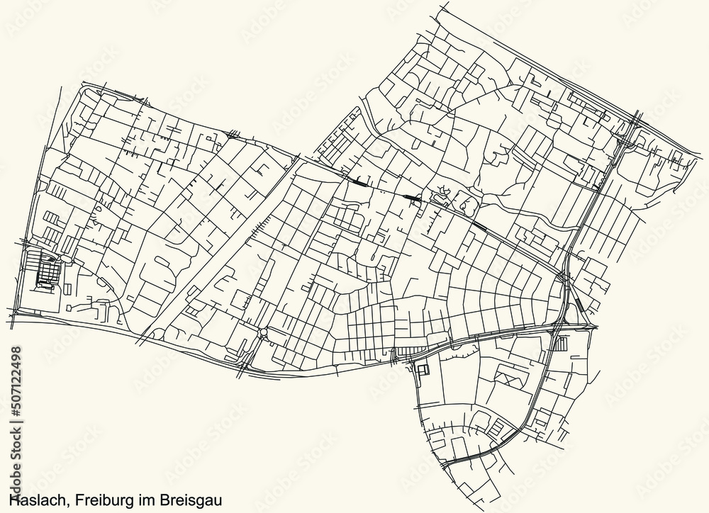 Detailed navigation black lines urban street roads map of the HASLACH DISTRICT of the German regional capital city of Freiburg im Breisgau, Germany on vintage beige background