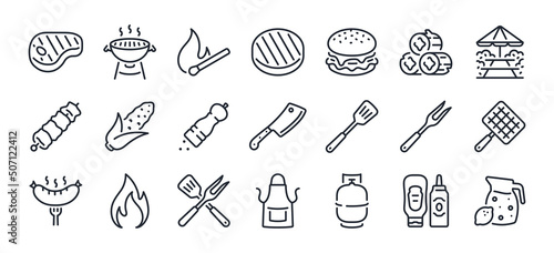 BBQ barbecue and grill related editable stroke outline icons set isolated on white background flat vector illustration. Pixel perfect. 64 x 64..