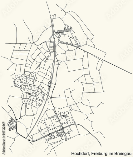 Detailed navigation black lines urban street roads map of the HOCHDORF DISTRICT of the German regional capital city of Freiburg im Breisgau  Germany on vintage beige background