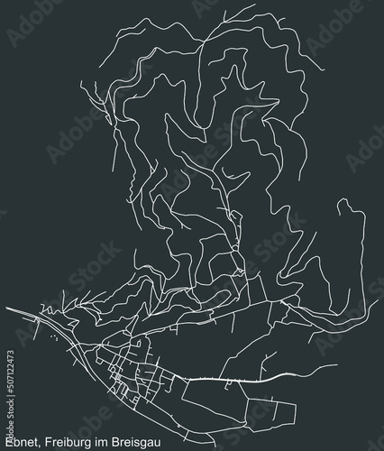 Detailed negative navigation white lines urban street roads map of the EBNET DISTRICT of the German regional capital city of Freiburg im Breisgau, Germany on dark gray background photo