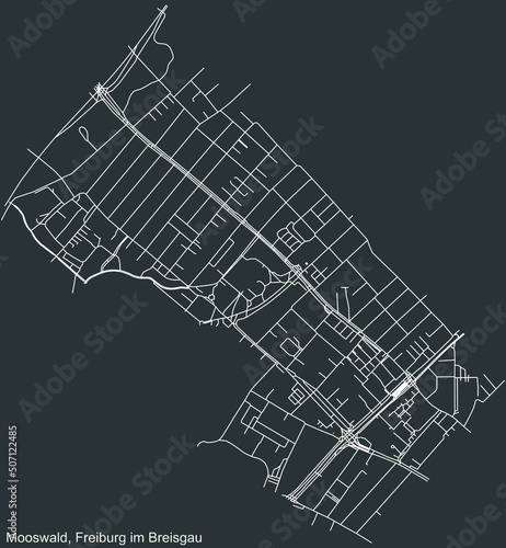 Detailed negative navigation white lines urban street roads map of the MOOSWALD DISTRICT of the German regional capital city of Freiburg im Breisgau, Germany on dark gray background