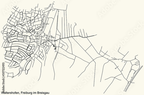 Detailed navigation black lines urban street roads map of the WALTERSHOFEN DISTRICT of the German regional capital city of Freiburg im Breisgau, Germany on vintage beige background