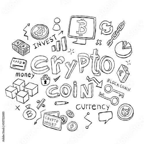 Bitcoin crypto investment doodle set vector