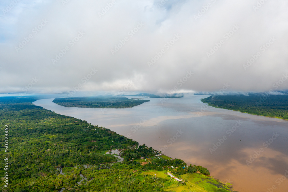 Amazon Rainforest Aerial View. Tropical Green Jungle in Peru, South America. Bird's-eye view.