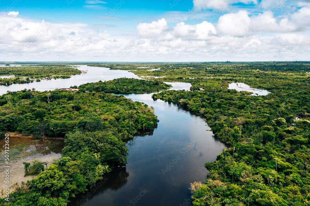 Fototapeta premium Peru. Aerial view of Rio Momon. Top View of Amazon Rainforest, near Iquitos, Peru. South America. 