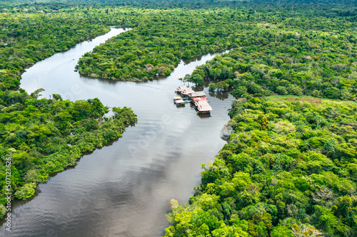 Peru. Aerial view of Rio Momon. Top View of Amazon Rainforest, near Iquitos, Peru. South America.  photo