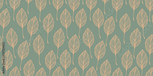 Vintage liniar botanical pattern. Seamless outline illustration with leaves on green background