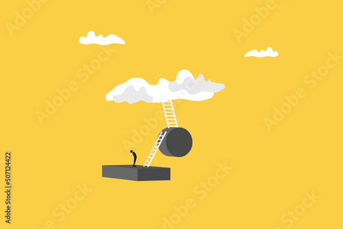 Business man looking up before climbs stairs of sky. get reward, winning star employee, career path or dream job concept.