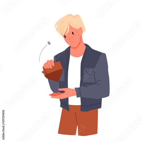 Man with no money and empty wallet. Lack of finance, personal financial crisis, poor broken unhappy boy, unable to pay, financial problems and bankruptcy vector illustration