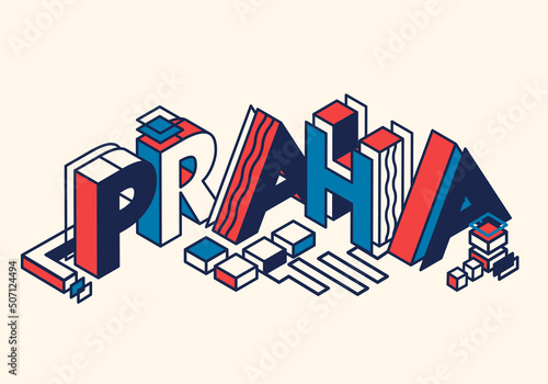 Prague city lettering isometric stock vector illustration. Creative retro lettering print for t-shirt, fabric, textile, poster. Prague colorful blue red white concept emblem, latin bolt typography