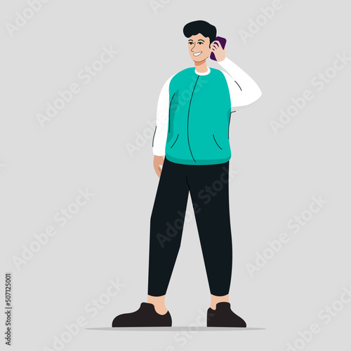 The man speaks on the phone. Grey background. isolated. Character. flat style