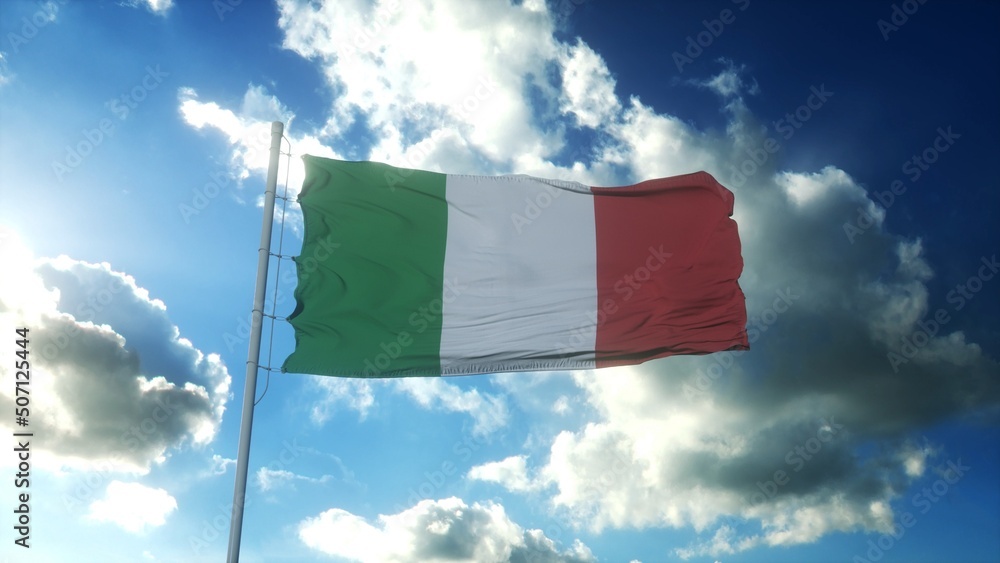 Flag of Italy waving at wind against beautiful blue sky. 3d illustration Flag of Italy waving at wind against beautiful blue sky. 3d illustration