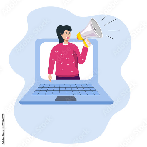 The girl looks out of the computer and speaks into a megaphone. Flat style. Character. Vector Stock Illustration