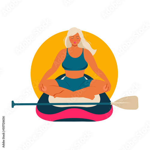 Pretty woman sit in lotus position on a stand up paddle board. SUP yoga. Vector illustration 