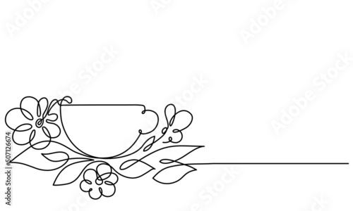 Cup of tea and flowers. Continuous line drawing. Sketch. Herb tea. Healing drink. Aromatherapy. Flower aroma
