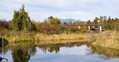 Landscape of small burnaby lake, with highway behind