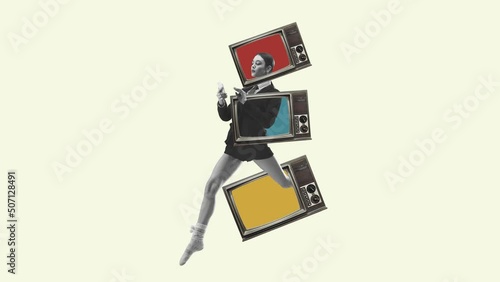 Young woman running throught retro TV sets on white background. Modern design. Conceptual, contemporary artcollage. 2d animation, stop motion photo