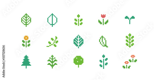 ドット絵　かわいい植物装飾イラストセット　花　葉　ピクセル
