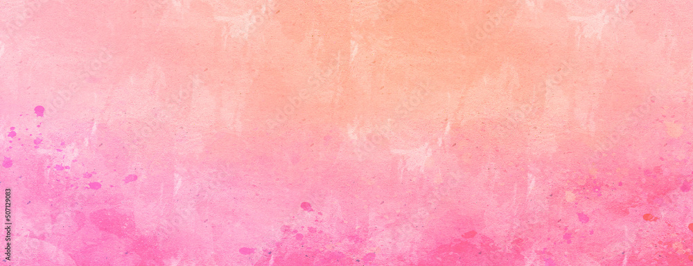 Delicate pink and orange pattern with paint stains and splash. Watercolor on paper. Panoramic background. 