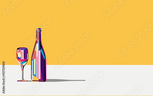 Leinwand Poster Vector illustration colorful bright bottle of wine and a glass of wine or alcoholic drink on a yellow background