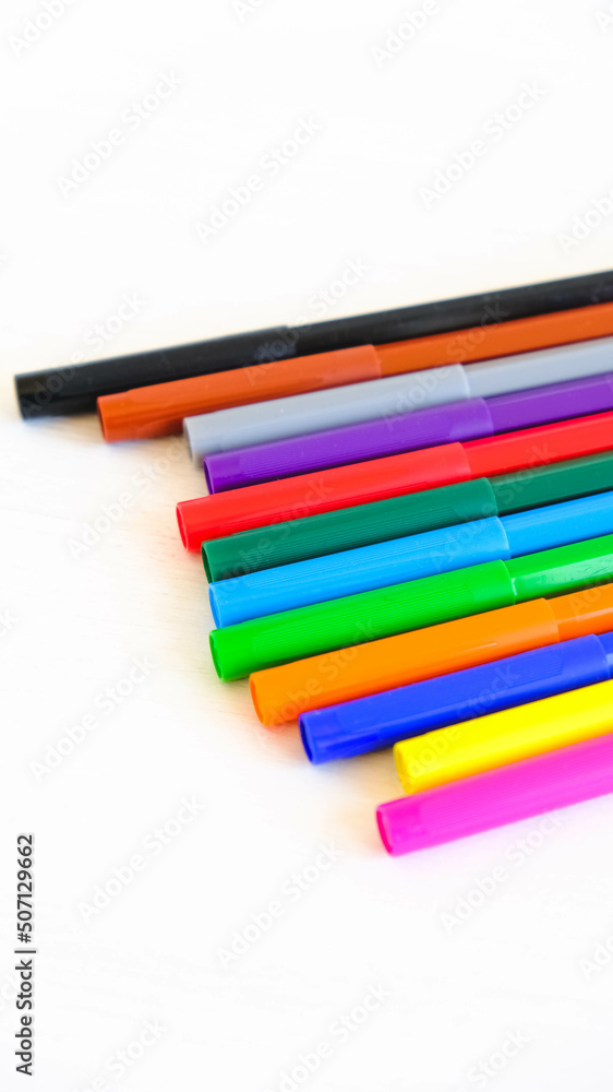 Obraz premium Multicolored felt-tip pens on a white background
