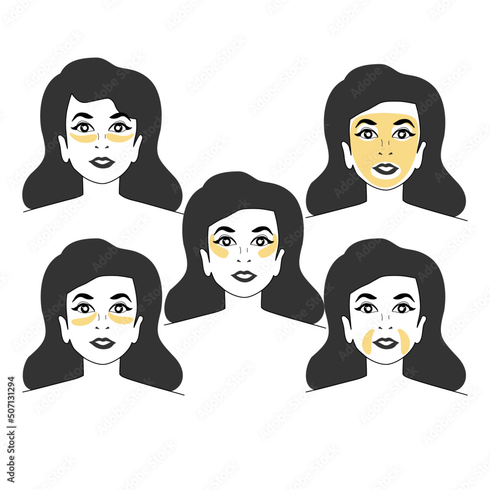 Set of icons with girls in black and white. Vector stock illustration. Skin and self care. Patches and face mask. White background Set of icons with girls in black and white. Vector stock illustration. Skin and self care. Patches and face mask. White background