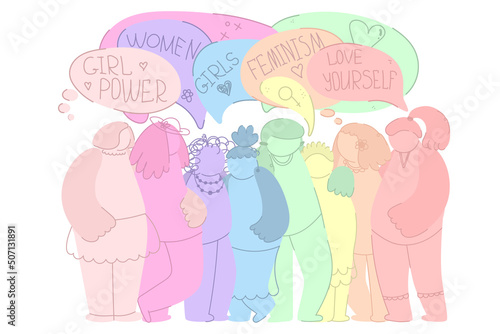 group women cartoon speach balloon. International woman day. love yourself. girl power. Break the bias. Movement against discrimination inequality. feminism. International woman day