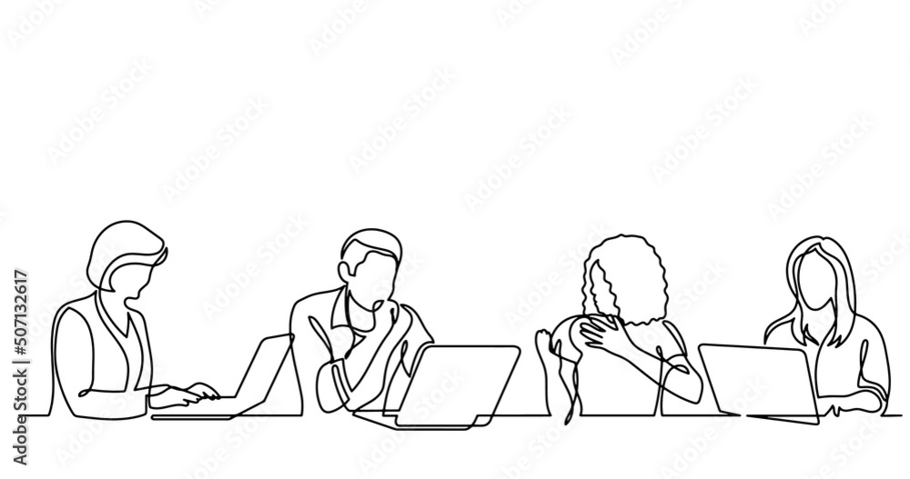 continuous line drawing of office workers at business meeting continuous line drawing of office workers at business meeting