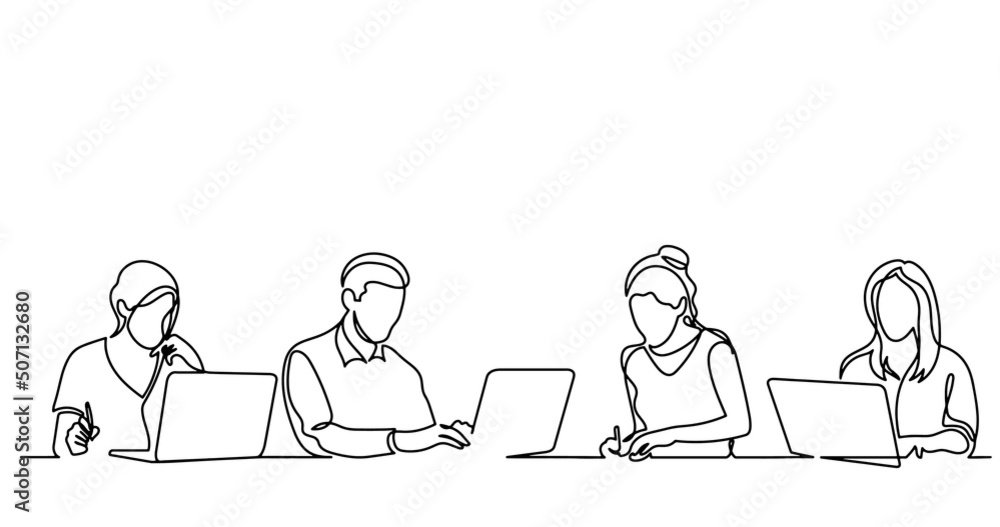 continuous line drawing of office workers at business meeting continuous line drawing of office workers at business meeting