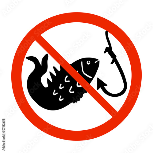 No fishing area sign. Red circle icon with fish silhouette and hook. Insignia prohibiting fishing in this place. Ban emblem with crossed fish and fishhook for mark forbidden type of recreation. Vector
