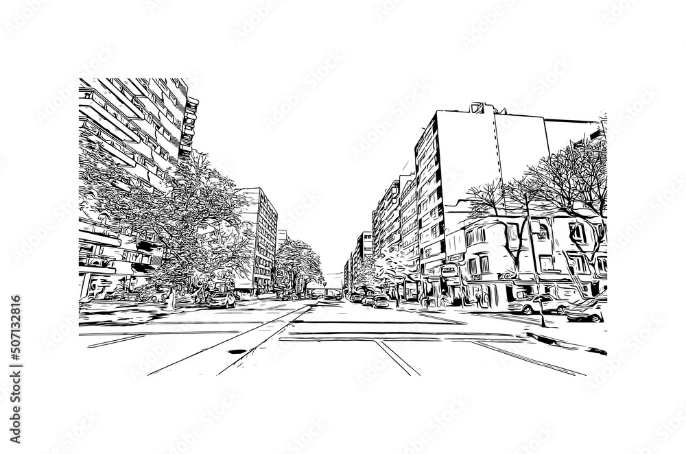 Fototapeta premium Building view with landmark of Montevideo is the capital of Uruguay. Hand drawn sketch illustration in vector.