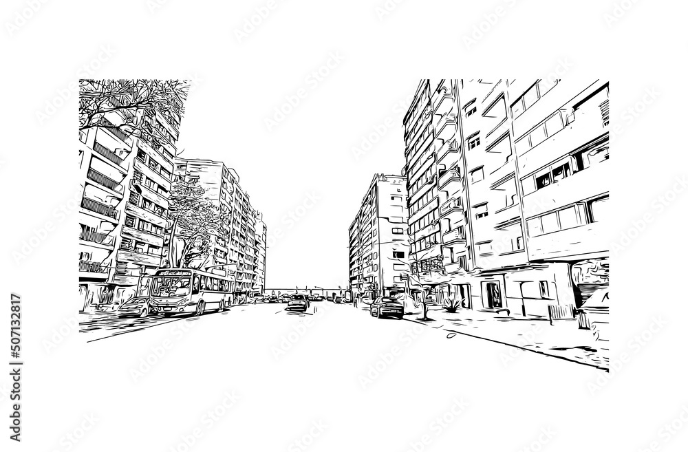 Building view with landmark of Montevideo is the capital of Uruguay. Hand drawn sketch illustration in vector.