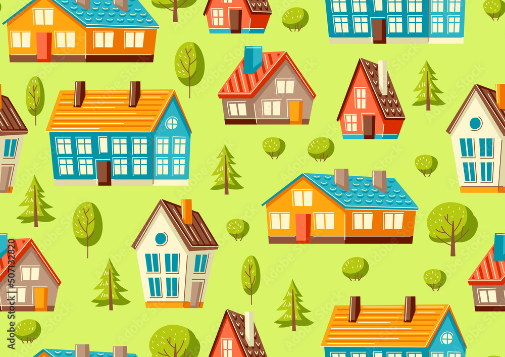 Seamless pattern with cute houses and trees.. Country colorful cottages background.