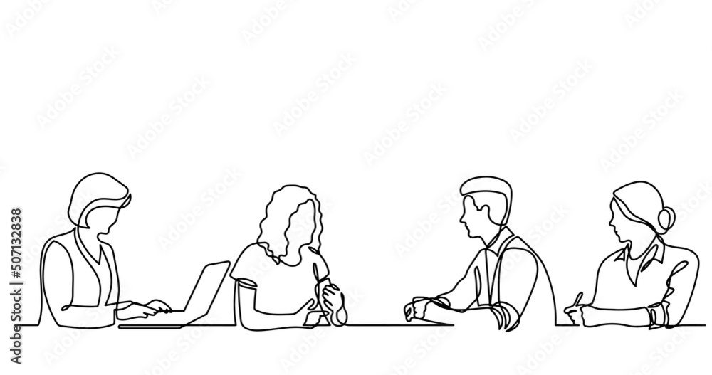 continuous line drawing of office workers at business meeting - obrazy, fototapety, plakaty 