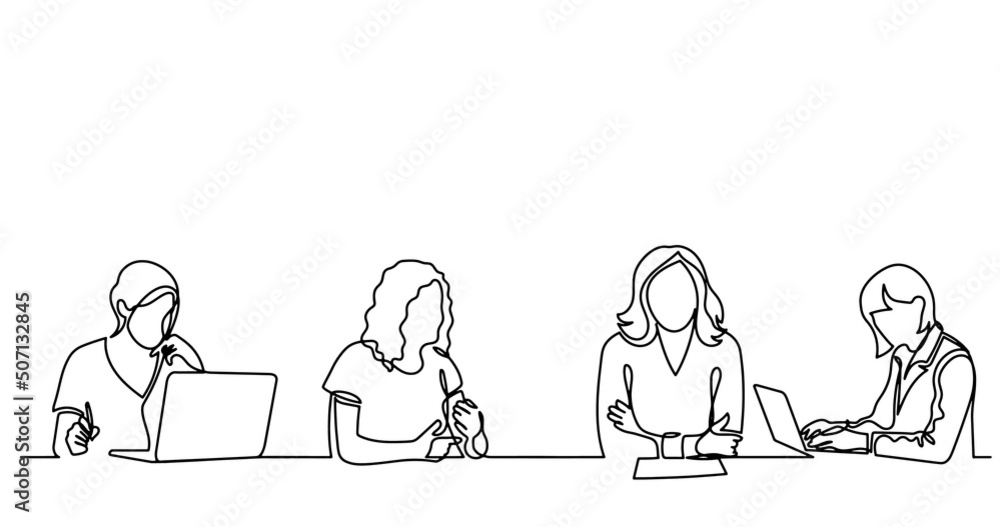 continuous line drawing of office workers at business meeting continuous line drawing of office workers at business meeting
