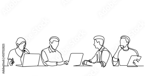 continuous line drawing of office workers at business meeting