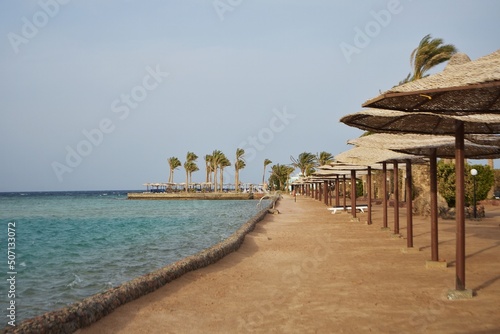 Quadro su tela Row of umbrellas, on Arabia Azur beach resort, in Hurghada, Egypt