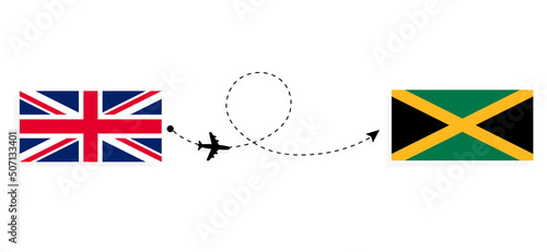 Flight and travel from United Kingdom of Great Britain to Jamaica by passenger airplane Travel concept
