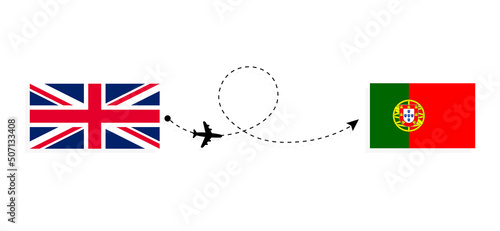 Flight and travel from United Kingdom of Great Britain to Portugal by passenger airplane Travel concept