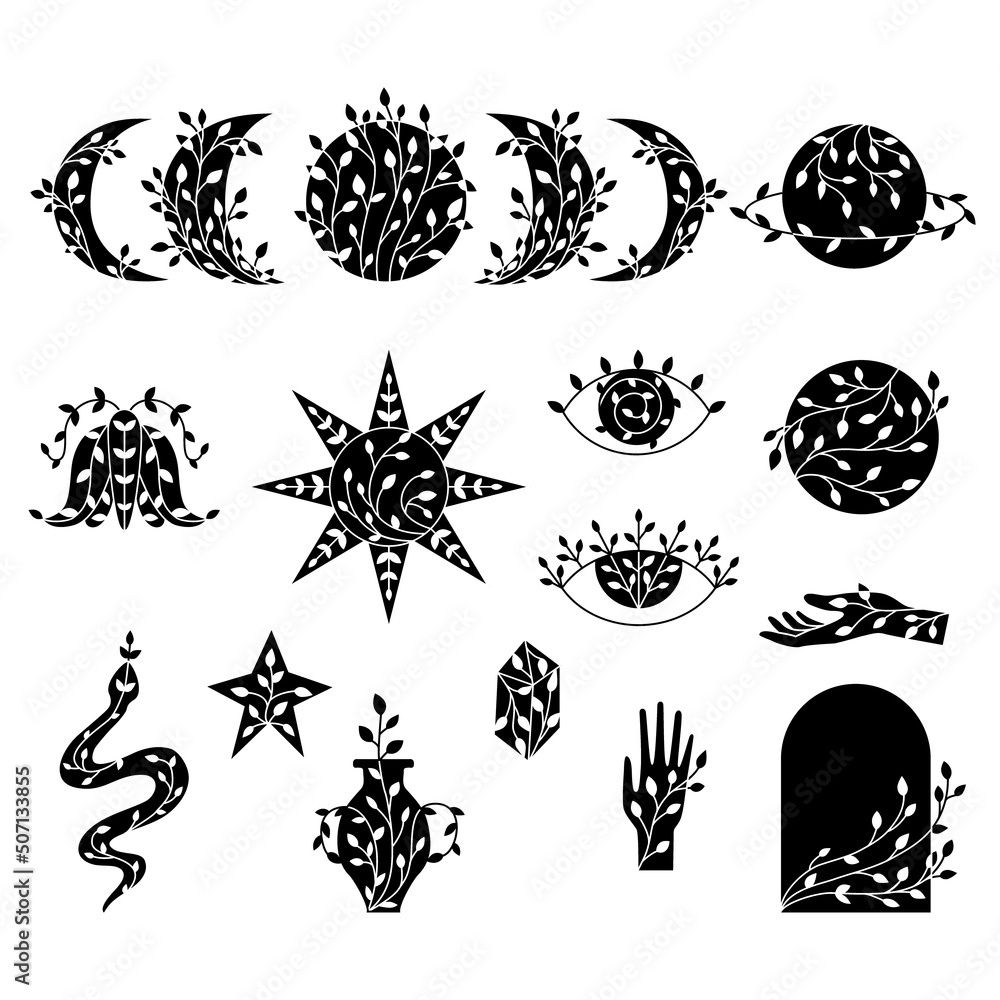 Set of black floral moon phases, sun, stars, saturn, snake, moth, hands, eyes, crystal, vase. Set of black floral moon phases, sun, stars, saturn, snake, moth, hands, eyes, crystal, vase.