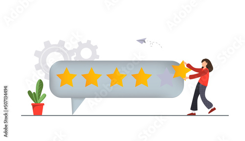 A person giving five stars feedback on the web site, mobile app, customer review concepts, flat vector illustration