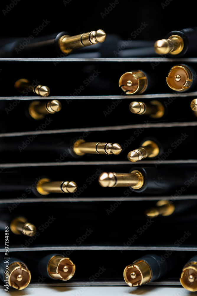 Hi fi audio cables for sound recording studio . Stack of professional