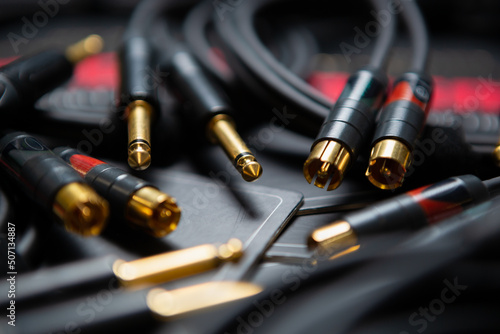 Audio cables for sound recording studio. Professional wires with 3.5 jack connectors to connect musical equipment
