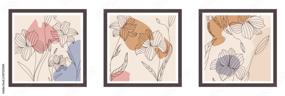 A set of 3 posters in a modern style with outlined flowers and abstract blots. Vector stock illustration. Beige background A set of 3 posters in a modern style with outlined flowers and abstract blots. Vector stock illustration. Beige background