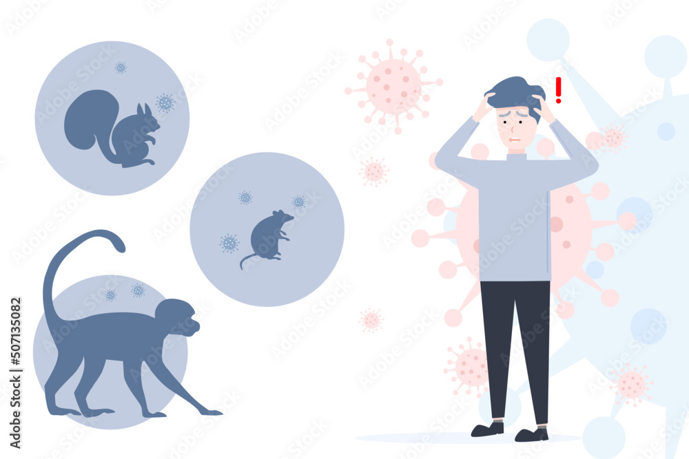 young man in casual work clothes has a worried expression on his face about the smallpox outbreak, infographic shows the virus carriers,monkeys,squirrels and mice,virus cell ,vector illustration. young man in casual work clothes has a worried expression on his face about the smallpox outbreak, infographic shows the virus carriers,monkeys,squirrels and mice,virus cell ,vector illustration.